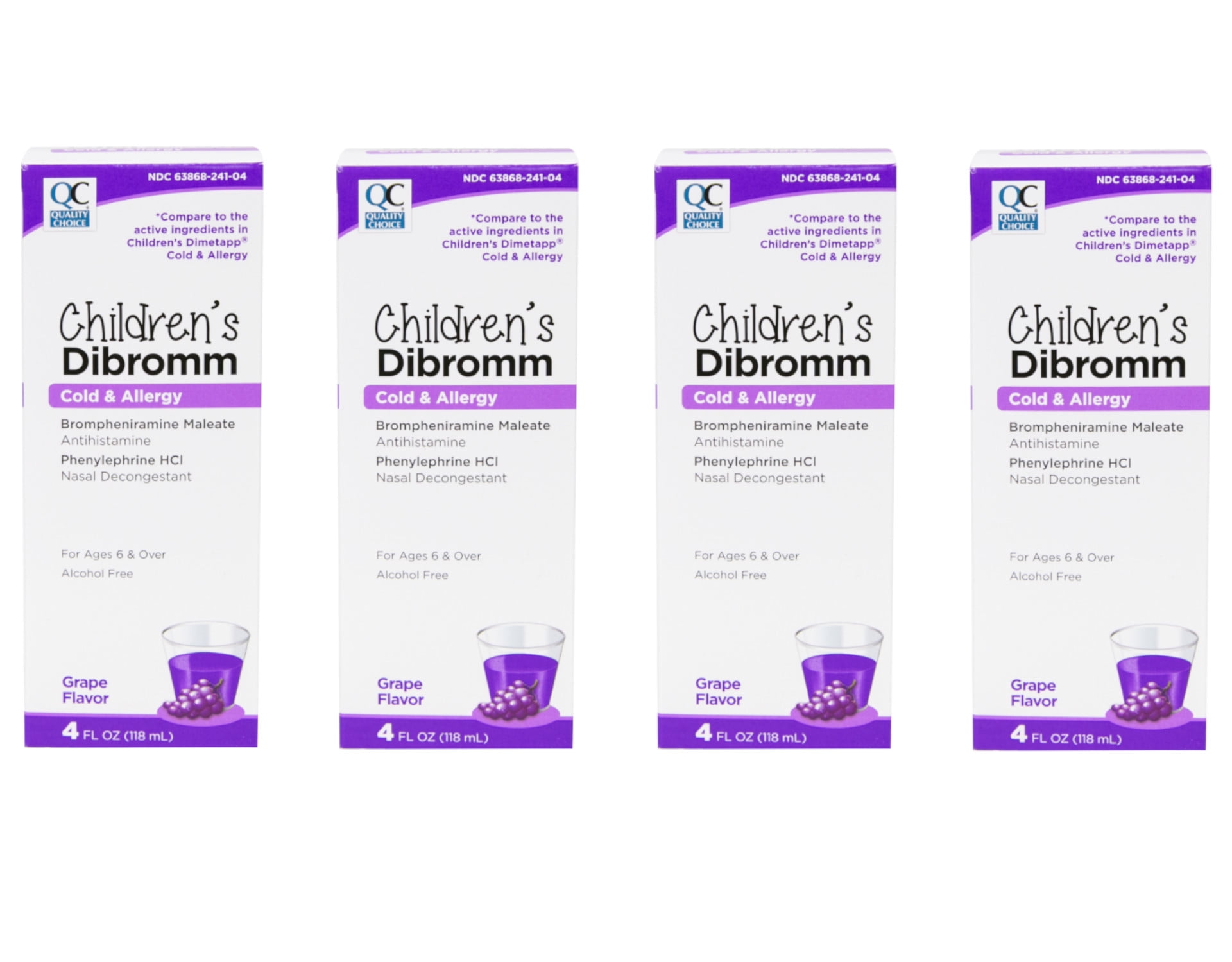 4 Pack - Quality Choice Children's Dibromm Cold & Allergy Liquid Grape 4 fl oz Each