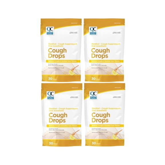 4 Pack - Quality Choice Honey Lemon Flavor Cough Drops, 30 Count Bag, Menthol Cough Suppressant and Oral Anesthetic, Suitable for Adults and Children Over 5 Years, Cold and Flu Relief, Cold Medicine