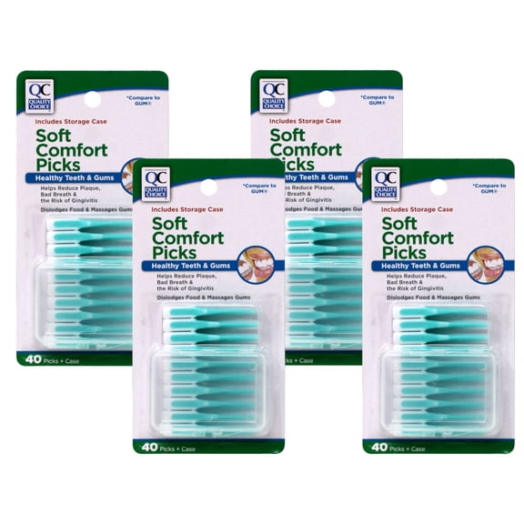 4 Pack - Quality Choice Soft Comfort Picks Teeth & Gums with case 40 Count Each