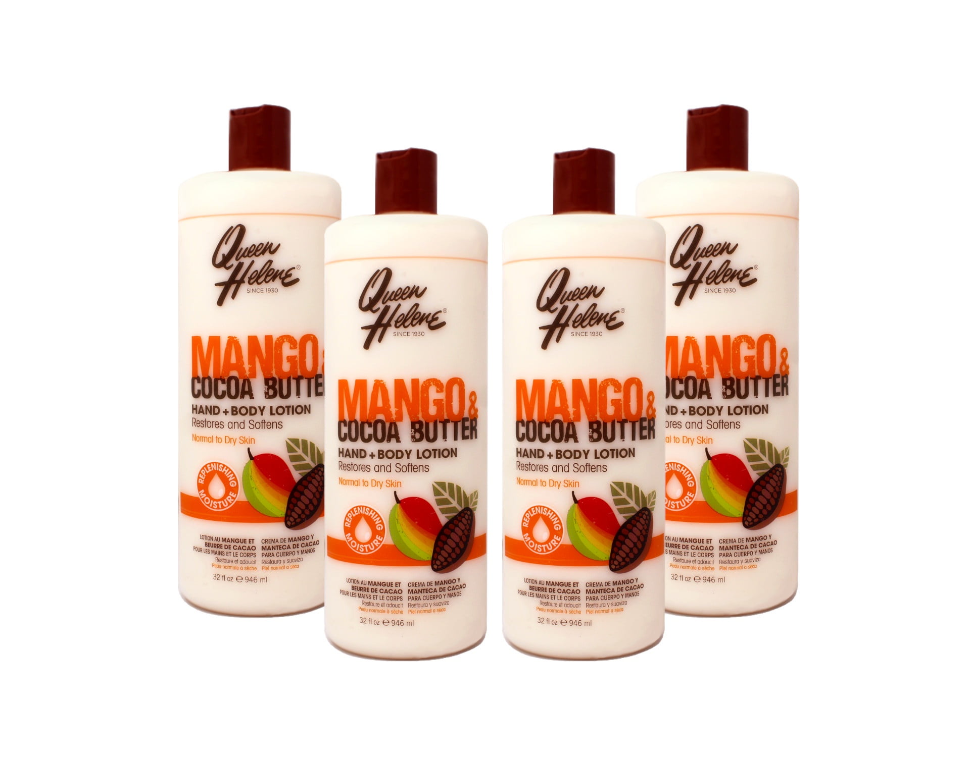 4 Pack - Queen Helene Mango & Cocoa Butter Hand + Body Lotion, Restores and Softens, Normal to Dry Skin, 32 FL OZ