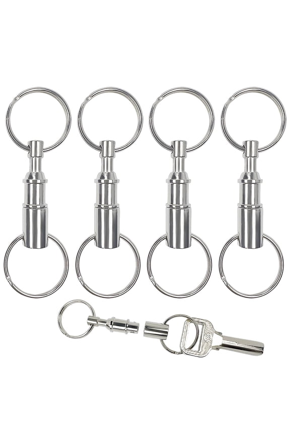 4 Pack Quick Release Detachable Pull Apart Keychain, Silver Metal Key Chain with Double Key Ring, Snap Lock Keychain Holder