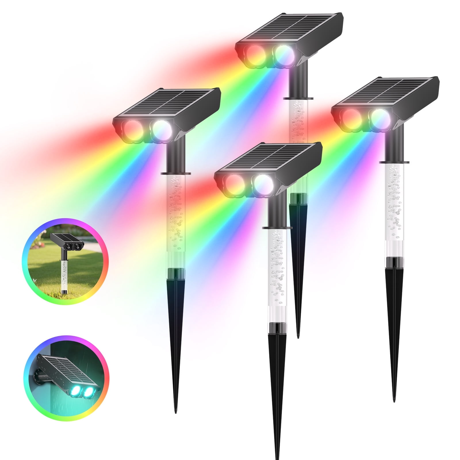 4 Pack RGB Solar Spot Lights : 2 IN 1 Solar Lights Outdoor with 8 Lighting Modes & PC Light Guide Column for Tree Garden Yard Pathway,RGB Color Changing Landscape Lights,IP65 Waterproof