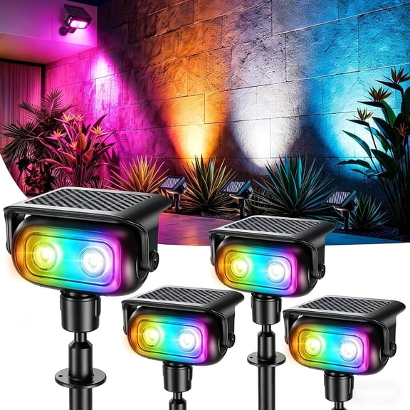 4 Pack RGB Solar Spot Lights Outdoor, 360? Rotation 9 Colors & 11 Modes Color Changing Spotlights July 4th Outdoor Landscape Lights Solar Spot Landscaping Pathway Lighting for Path Garden Yard