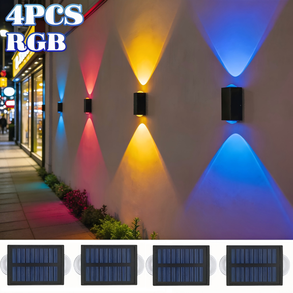 4 Pack RGB Solar Wall Lights Outdoor Waterproof Up and Down Color Changing LED Sconce Lamp for Fence, House, Patio, Porch, Yard, Garden, Garage, Easy to Install for Security and Decorative Lighting