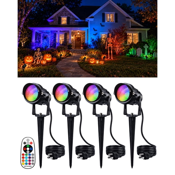 4 pack RGBW Spotlights Outdoor for Halloween Decor with Remote Waterproof, 120V Wired Color Changing Landscape Spot Lights for Yard Patio Garden Tree