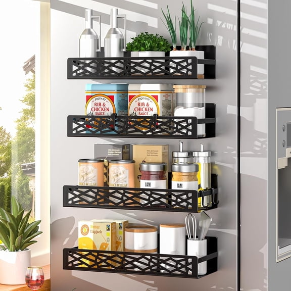 4 Pack Rack for Refrigerator, Heavy Duty Metal Fridge Rack Organizer with 4 Hooks, No Drilling Rustproof Storage for Kitchen Organization,11LB Load Capacity