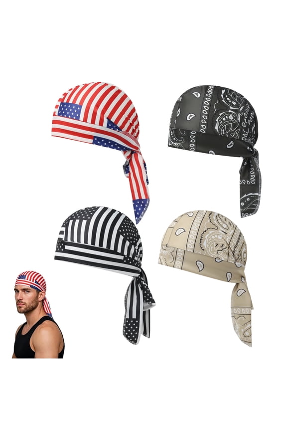4 Pack Do Rags Skull Caps for Men Dreadlock Caps Elastic Cycling Sports Cap American Flag Bandana Zero Squeeze Helmet Liner for Motorcycle Riding Cycling Running