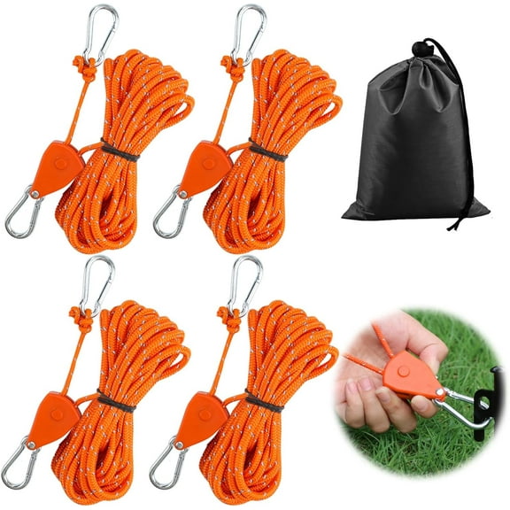 4-Pack Ratchet 1/8 Inch Adjustable Heavy Duty Tie Down Rope Carabiner Hook Clip Hanger 34kg Capacity for Grow Light Luggage Strap