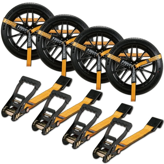 4 Pack Ratchet Car Tie Down Strap with Flat Hooks 2" x 144'' Heavy Duty 10,000lbs Min Break Strength Tire Straps for Truck & Trailer by KODIAK STRAPS