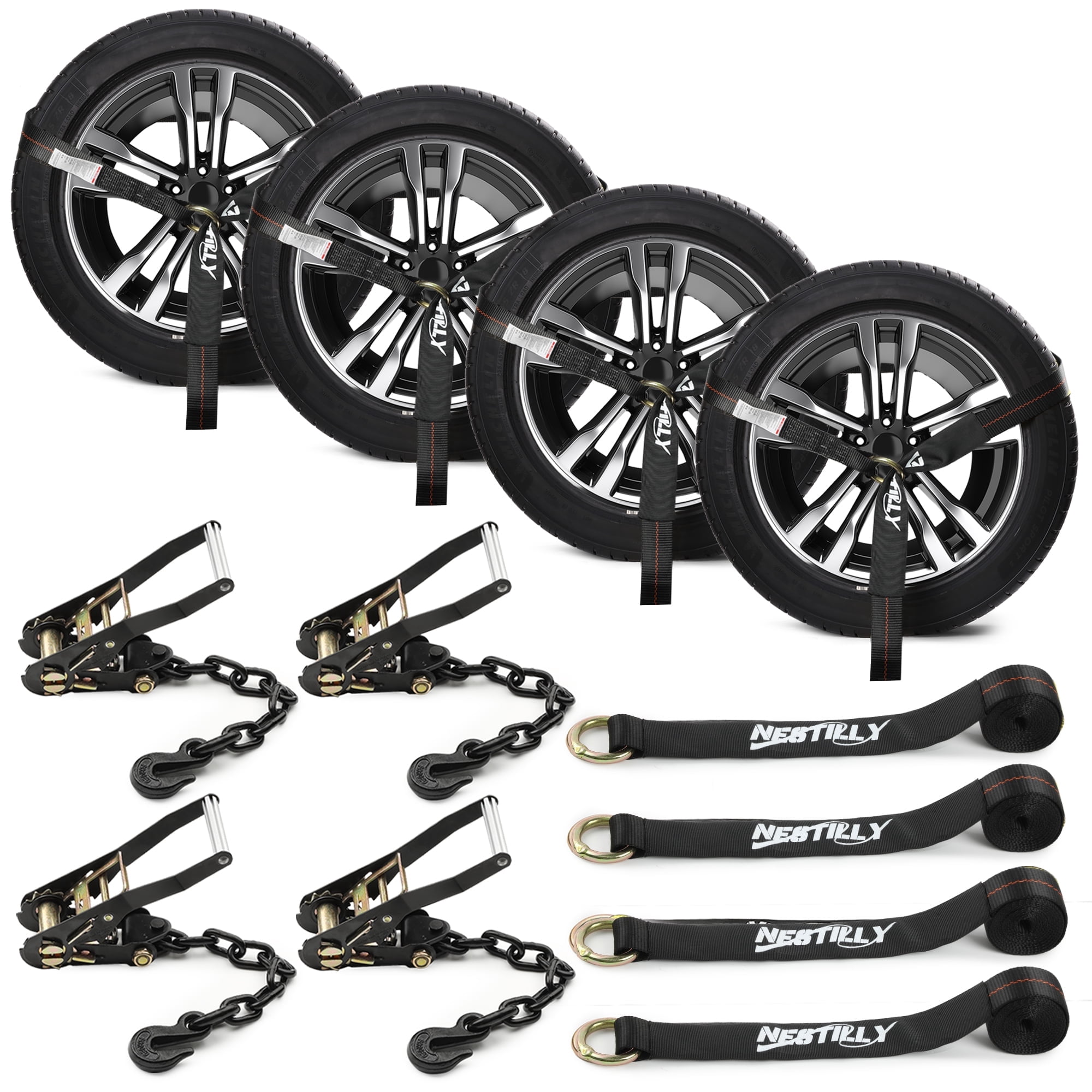 4-Pack Ratchet Wheel Tie Down Straps for Car Trailer – 2"x96" Heavy Duty Tire Straps with Chain Anchors, Over-the-Wheel Auto Tie Downs for Trucks, ATVs, UTVs