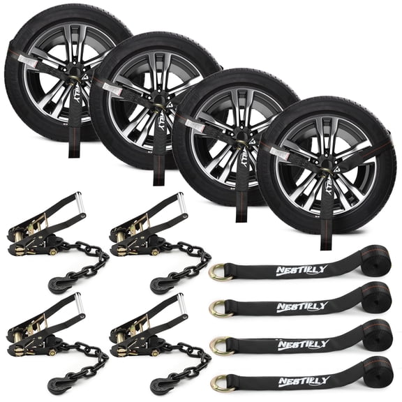 4-Pack Ratchet Wheel Tie Down Straps for Car Trailer – 2"x96" Heavy Duty Tire Straps with Chain Anchors, Over-the-Wheel Auto Tie Downs for Trucks, ATVs, UTVs