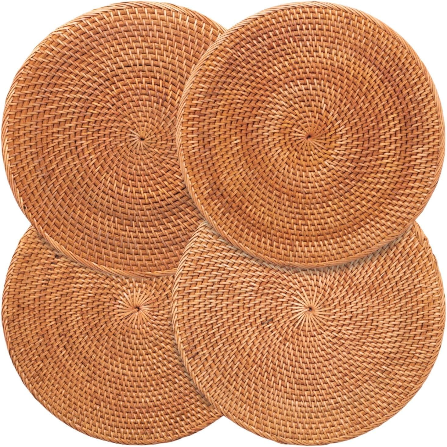 4-Pack Rattan Placemats - 12-inch Round Placemats (Honey Brown) - Woven ...