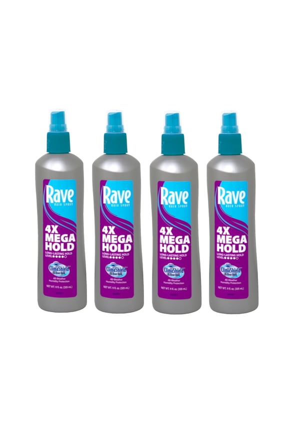 4 Pack Rave 4X Mega Hairspray with Clima Shield Unscented 11oz Each