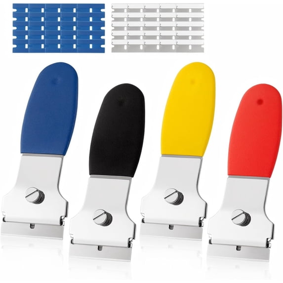 4 Pack Razor Scraper, with 20 Metal & 20 Plastic , Multi-Purpose Cleaning Remover Tool for Glass Caulk, Adhesive, Wall, Stovetop, , Window, Sticker, Tile, Label