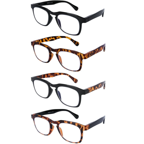 4 Pack Reading Glasses Men Women - Quality Square Readers Computer Blue Light Blocking with Comfort Spring Hinges, 0.0