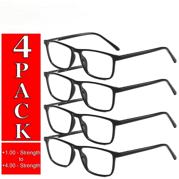 4-Pack Reading Glasses for Men & Women, Unisex Square Readers with Lightweight Frame & Clear Lens (Assorted Styles)