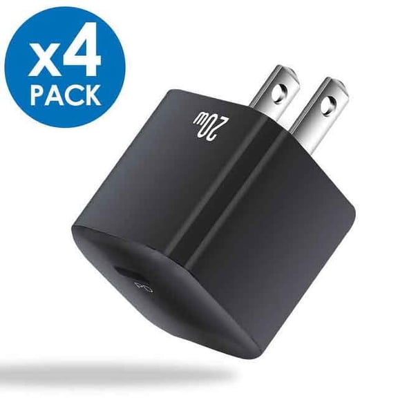 4-Pack Real 20W USB-C PD Super Fast Wall Charger Power Adapter Compatible with iPhone 14 / 13 / 12 /11 Pro Max Mini, Samsung Galaxy S23/S22/S21/S20 Ultra Plus, iPad Pro/ Mini, Universal, Black