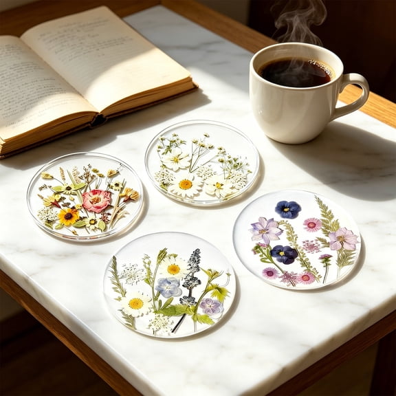 4 Pack Real Dried Flower Resin Coasters, 3.9in Clear Round Drink Coasters, Handmade Floral Tabletop Protection Mats for Home Decor