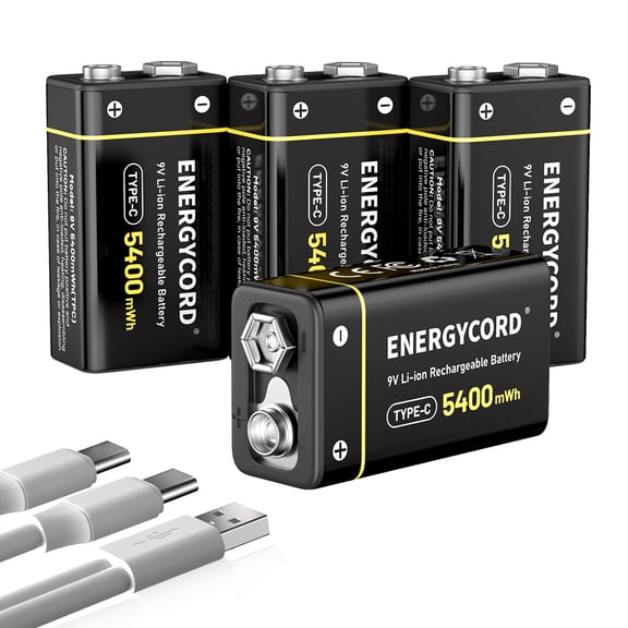 4-Pack Rechargeable 9V Batteries for Smoke Alarms, 5400mWh 9 Volt Lithium-ion Long Lasting Power, USB-C Recharge with 2 in 1 Charging Cable for Multimeters,Microphones,Walkie-Talkie,Toys