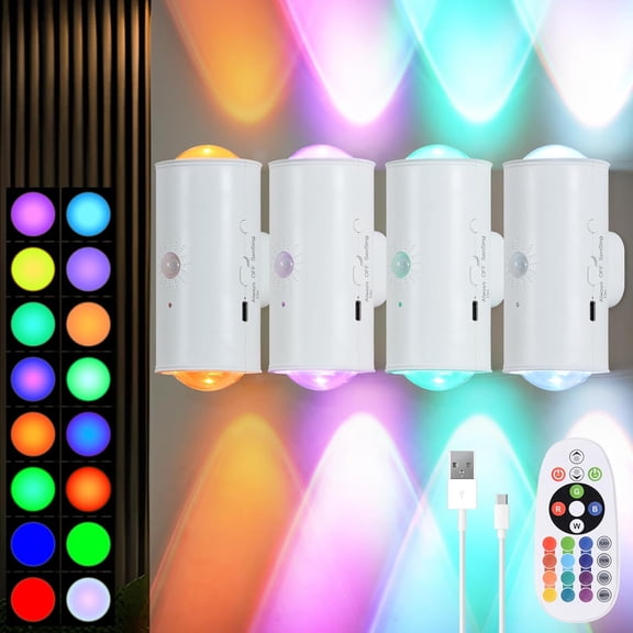 4 Pack Rechargeable Dynamic RGB LED Wall Lamp, Motion-Sensing Step Lights with Remote Control, 1200mAh Battery, Dimmable, Magnetic Mount for Staircase, Hallway, Bedroom, Kitchen, Bar