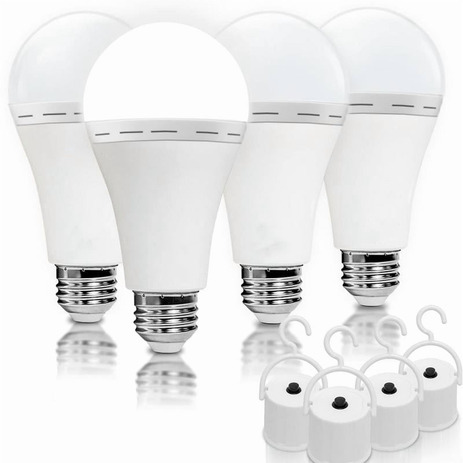4 Pack Rechargeable Emergency Light Bulbs A19, Camping Lamp Battery Powered LED Light Bulb 6000K Daylight E26 E27 120 Volt 12W 60W Equivalent with 1200mAh for Home Power Outage Camping Hurricane