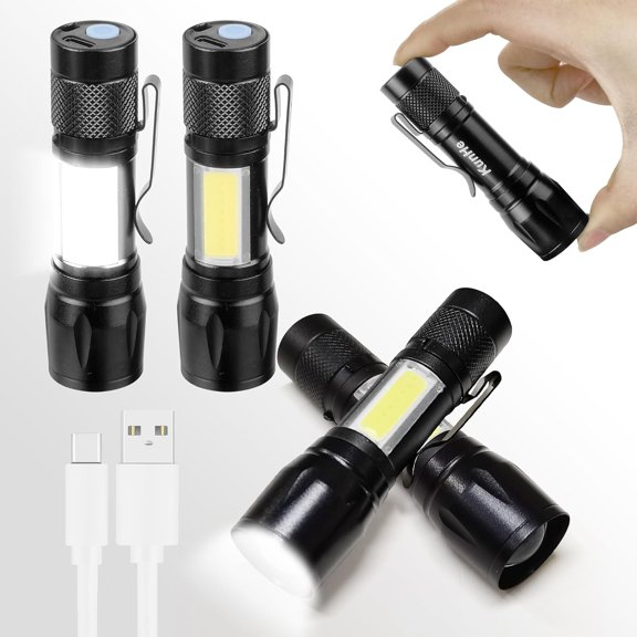 4 Pack Rechargeable Flashlights USB-C mini Small LED Lantern Flashlights Bright Clip-On Light EDC Flash Light with Side COB Light for Camping Home Emergency