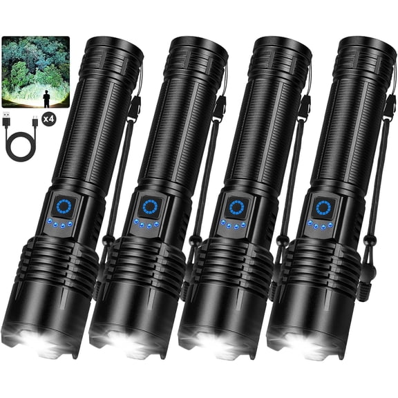 4 Pack Rechargeable High Lumens, 99000 Lumen Super Bright LED s, 5 Modes Adjustable Powerful Handheld Flash Light for Home, Camping, Hiking