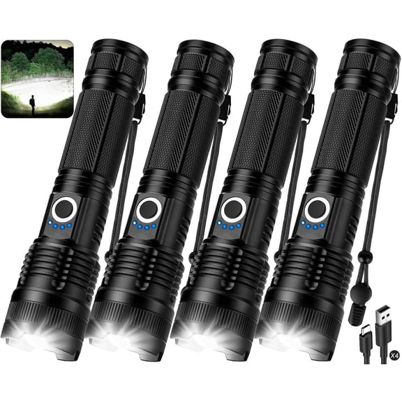 4 Pack Rechargeable LED Flashlight 990,000 Lumens, Adjustable with 5 Modes, IPX7 Waterproof, Handheld Flash Light for Camping Hiking Emergency Home Use (Black)