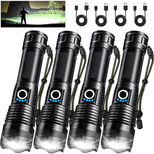 4 Pack Rechargeable LED Flashlights High Lumens, 90,000LM Super Bright Flashlight, Adjustable Powerful Flash Light with USB Cable & 5 Modes, Waterproof Handheld Flashlight for Home Camping