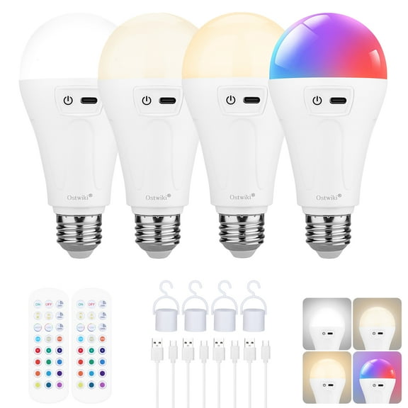 4 Pack Rechargeable Light Bulbs for Lamps,5200mAh Led Battery Backup Light Bulb with Remote Control,A21 Wireless Emergency Bulbs for Power outage,Dimmable 3 Color Temperatures & 12 RGB Color Changing