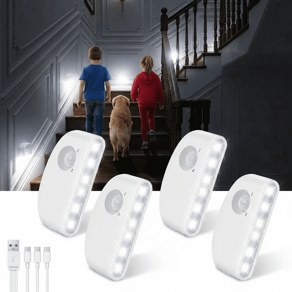 4 Pack Rechargeable Motion Sensor Night Lights, LED Battery Powered Wireless Stick-On Lights for Stairs, Hallway, Closet, Under Cabinet, Indoor Motion Activated Lighting