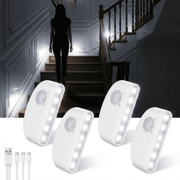 4 Pack Rechargeable Motion Sensor Stair Lights Indoor, Motion Activated Night Light Led Battery Powered Portable Automatic Wireless Stick On Lamp for Step Hallway Closet Under Cabinet