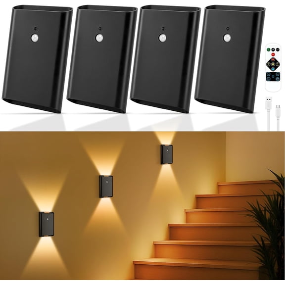 4 Pack Rechargeable Motion Sensor Wall Light: Wireless Battery Powered Wall Sconce with Remote, 3CCT Magnetic Motion Sensor Stair Light LED Indoor Up Down Wall Lamp for Bedroom Hallway Closet, Black