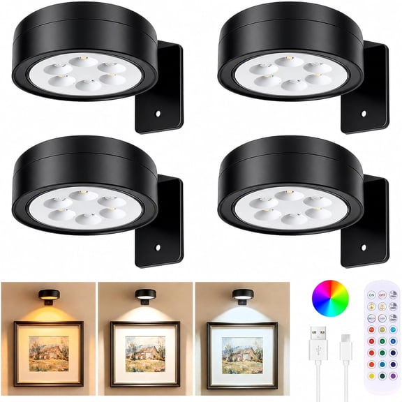 4-Pack Rechargeable Picture Lights for Wall, Wireless LED Art Lights with 3 CCT & 12 RGB Colors, Magnetic Dimmable Painting Lights with Remote & Timer, Black Frame Lights for Gallery Wall Decor