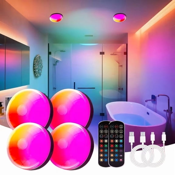 4-Pack Rechargeable RGBW Shower Light, 15 Color Changing Ambient Mood Lamp With Cool White, Battery Operated Magnetic Wall Sconce & Ceiling Light With Remote (Dimmable & Timer) For Bathroom