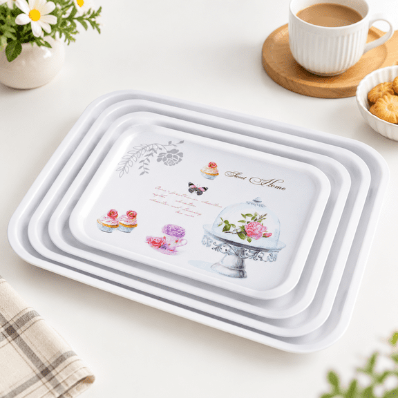 4-Pack Rectangle Cake Colored Serving Trays with Floral Print