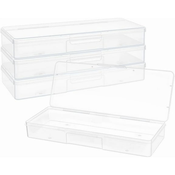 4 Pack Rectangle Plastic Storage Box 8.6x3.3x1.2inch Plastic Storage Containers with Hinged Lids for Beads Jewelry and Crafts Items or Office Accessory Storage Clear DIY