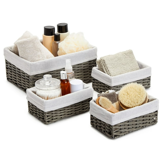 4 Pack Rectangular Wicker Storage Baskets with Liners Small