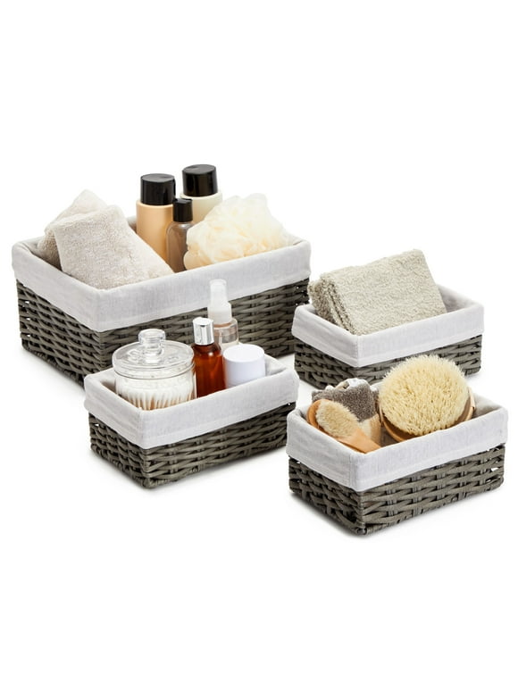 4 Pack Rectangular Wicker Storage Baskets with Liners - Small Decorative Bins for Organizing Shelves (2 Sizes, Gray)