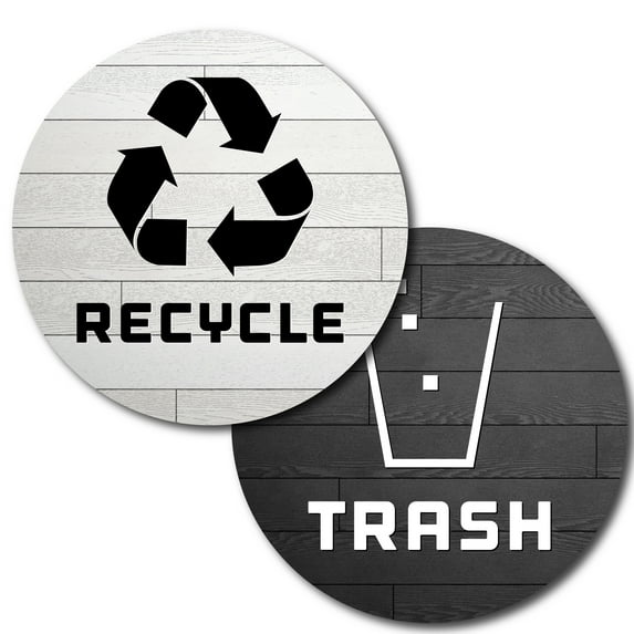 4 Pack Recycle Logo and Trash can Sticker to Organize Your Trash - for Garbage containers and Recycle Bins - Premium Vinyl Decal (Wood Planks - White Black, Medium)