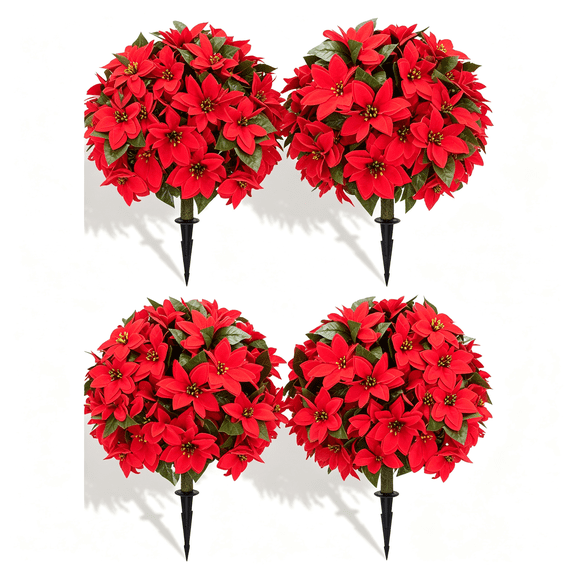 26 Inch Artificial Poinsettia Topiary Ball Trees 4 Pack, UV Resistant Faux Plants with Ground Spike, Indoor Outdoor Porch Patio Garden Decor