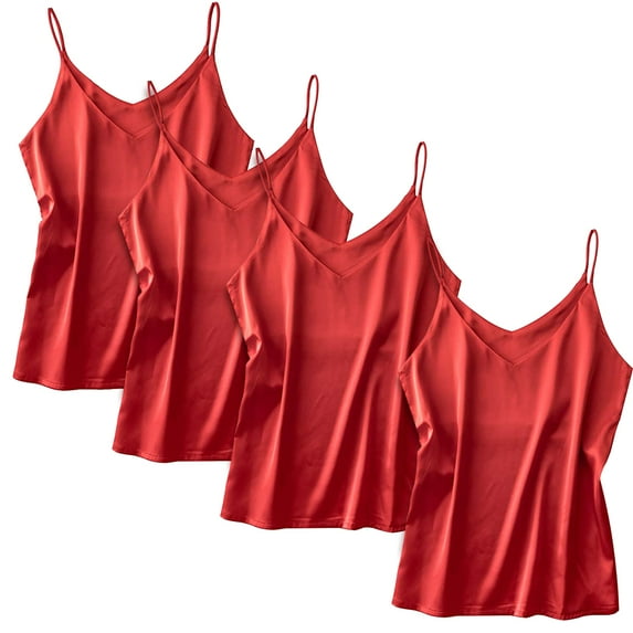 (4 Pack)Red Basic Women's Silk Tank Top Ladies V-Neck Silky Loose Sleeveless Blouse Satin Tank Shirt