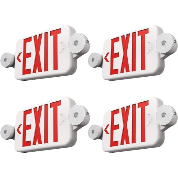 4 Pack Red Exit Sign with Emergency Lights, Two LED Adjustable Head Emergency Light with Battery, Hard Wired, Exit Sign for Business