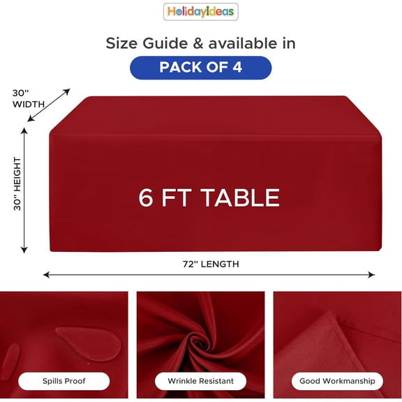 4 Pack Red Fitted Tablecloth for 6ft Tables, 4-Sided Christmas Table Cover for Holiday Markets, Yard Parties, & Gift Tables, Wrinkle-Resistant Washable Xmas Decorations