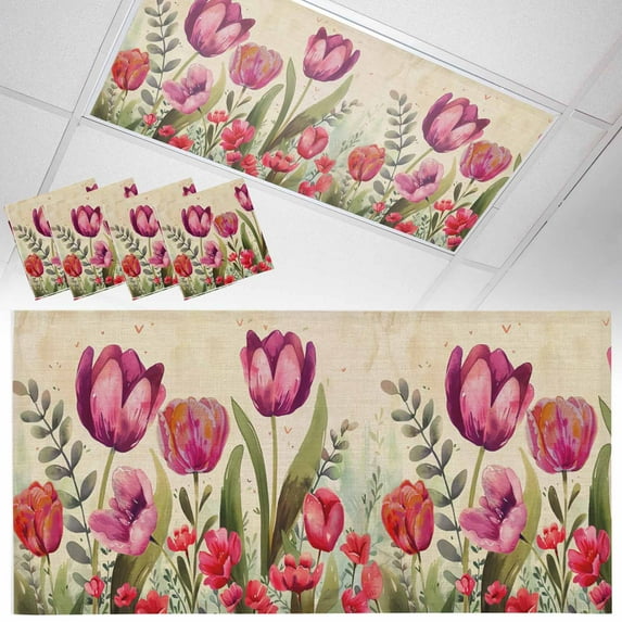 4 Pack Red and Fluorescent Light Covers for Ceiling Lights Pink Tulip Watercolor Floral Retro Linen Magnetic Ceiling Light Covers Overhead Light Filters for Office Classroom Home