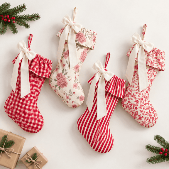 4 Pack Red Gingham Ruffled Bow Christmas Stockings, 19.5 x 10.2 Inch Holiday Decor
