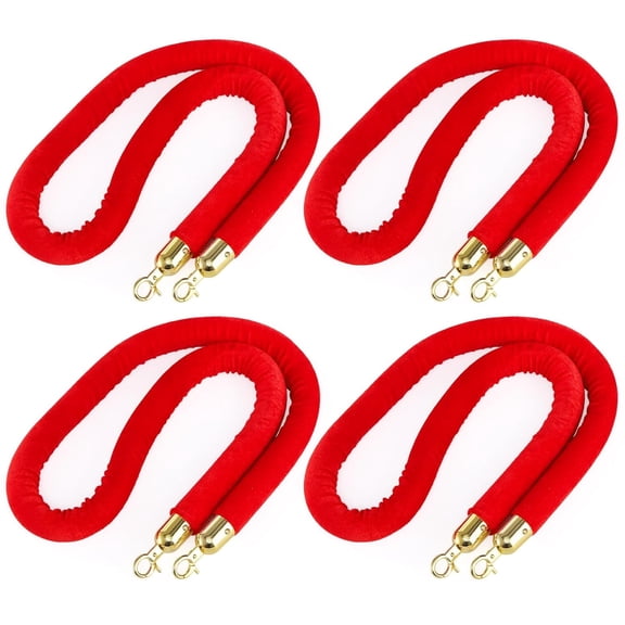 4 Pack Red Velvet Stanchion Rope – 5FT Crowd Control Barriers with Polished Gold Hooks, Safety Queue Ropes for Movie Theater, Grand Openings, Hotel Celebrations, Red Carpet Events, Wedding Receptions