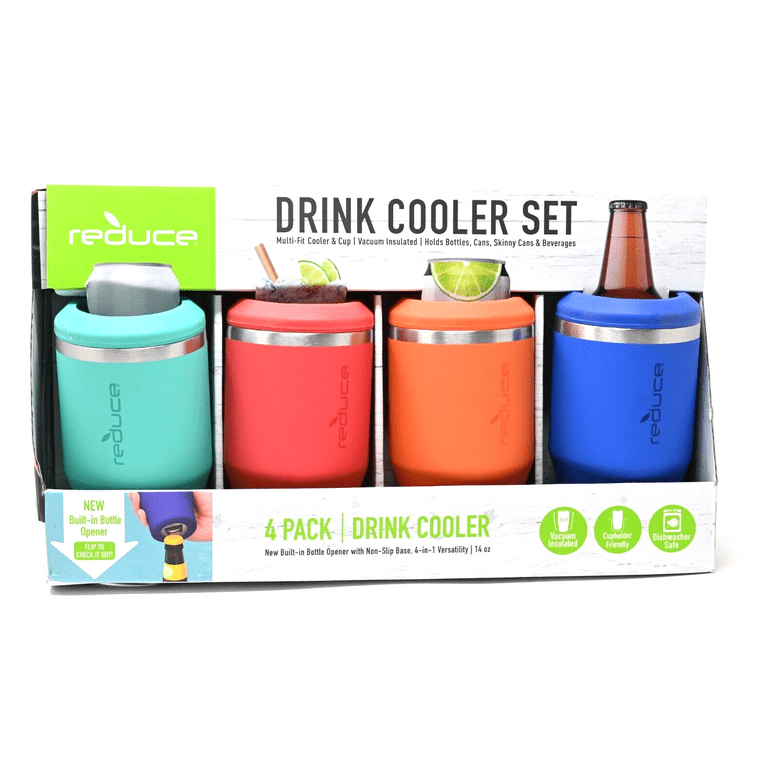 4 Pack Reduce Drink Cooler 14 OZ Vacuum Insulated with Built-in Bottle  Opener