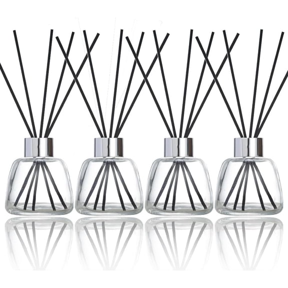 4 Pack Reed Diffuser Bottle Empty Glass Jar 3.52 oz Refillable Essential Oil Bottles with 30pcs Reeds Sticks, Elegant Home Decor Set for Bedroom, Bathroom, Office Decoration Gift