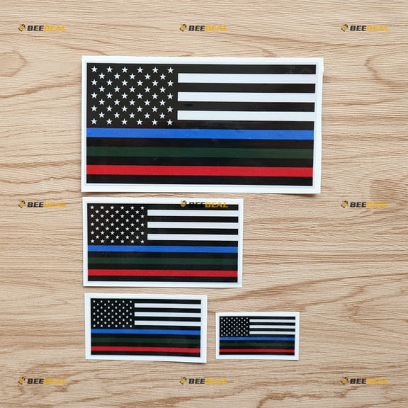 4 Pack Reflective, 2 Inches, 3 Inches, 4 Inches, 6 Inches - Thin Line Blue Green Red American Flag Police Military Fire Vinyl Decal Sticker - for Car Boat Laptop